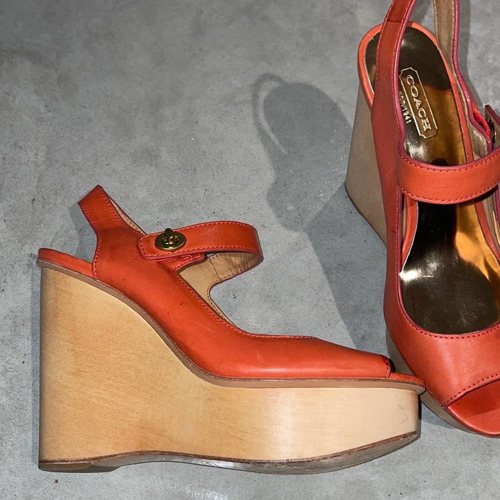 Coach Orange Leather, Wood Platform Sandal